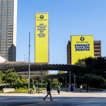 Mullvad VPN double wallscape advertisement in downtown Dallas out of home advertising